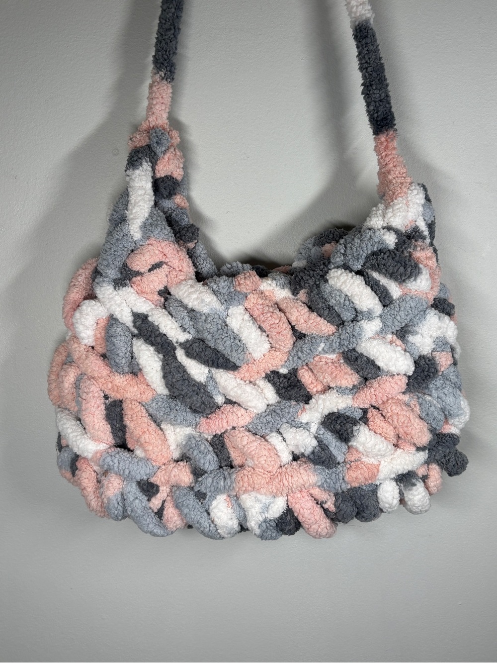 Y2K Aesthetic Pink and Grey Jumbo Loop Chenille Crochet Shoulder Bag